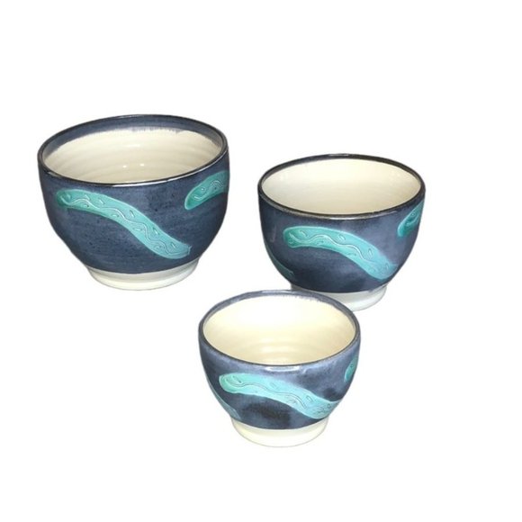 Artisan Pottery Ceramic Nesting Bowls Set Blue Turquoise 1987 Southwestern EUC - Picture 8 of 12